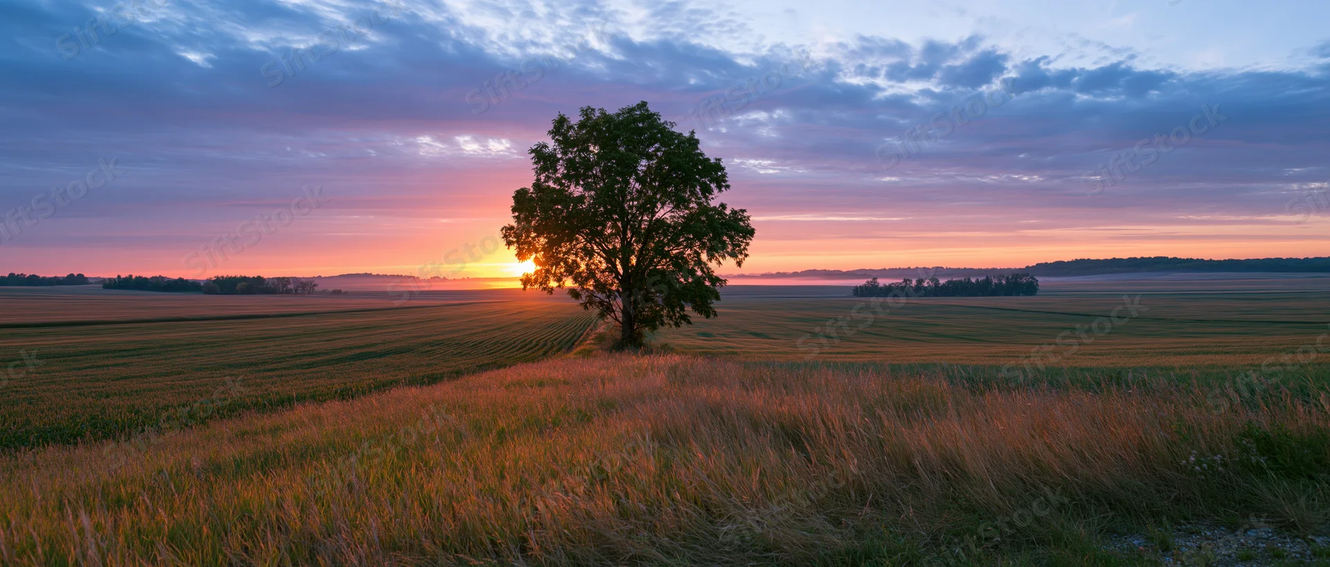 Solitary tree silhouetted against sunset over a vast farmland field