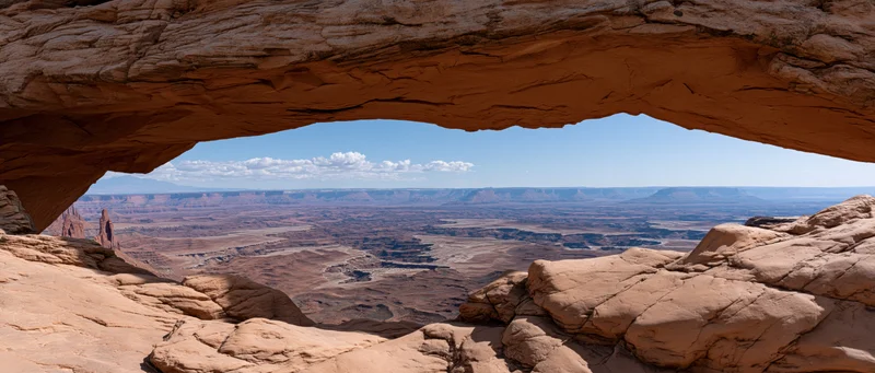 View through a natural rock arch overlooking a vast desert canyon landscape