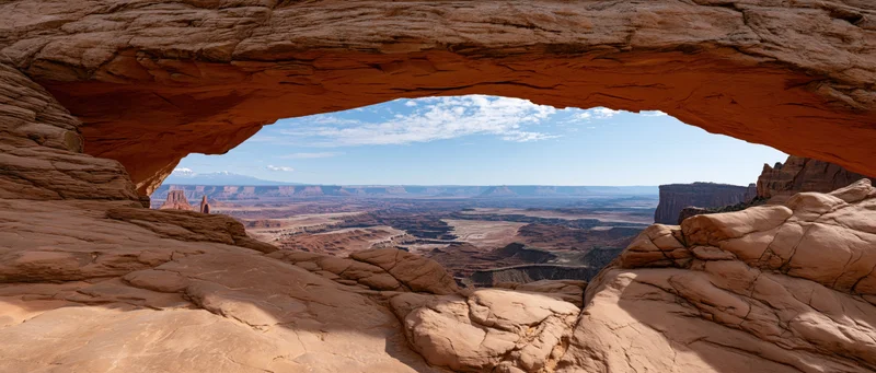 Natural rock arch framing a desert canyon landscape under a blue sky with scattered clouds