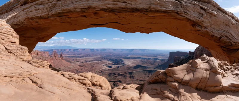 Natural sandstone arch framing a vast desert canyon landscape under a blue sky with scattered clouds