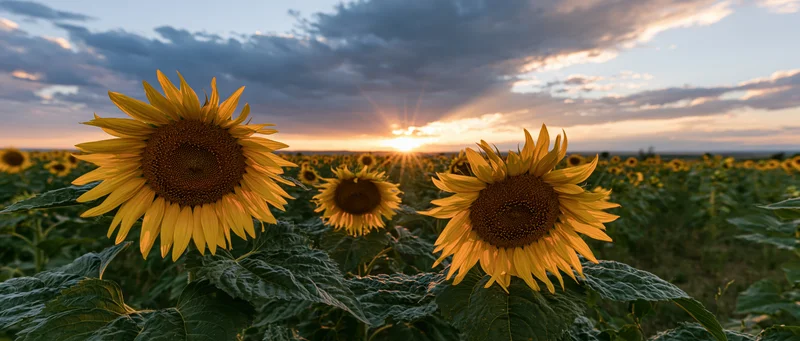 Sunflowers blooming in a field at sunset