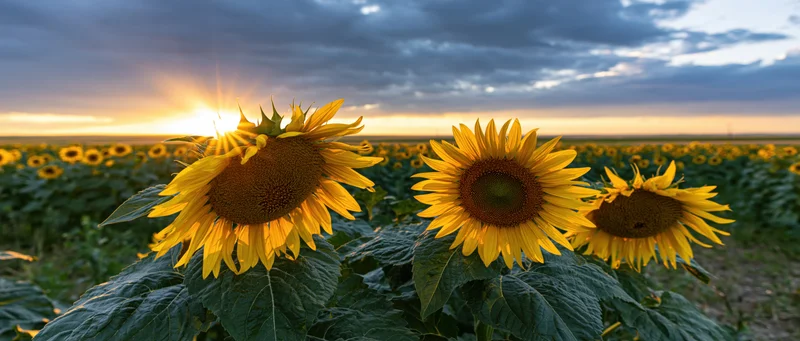 Sunflowers blooming in a field at sunset with golden light behind them