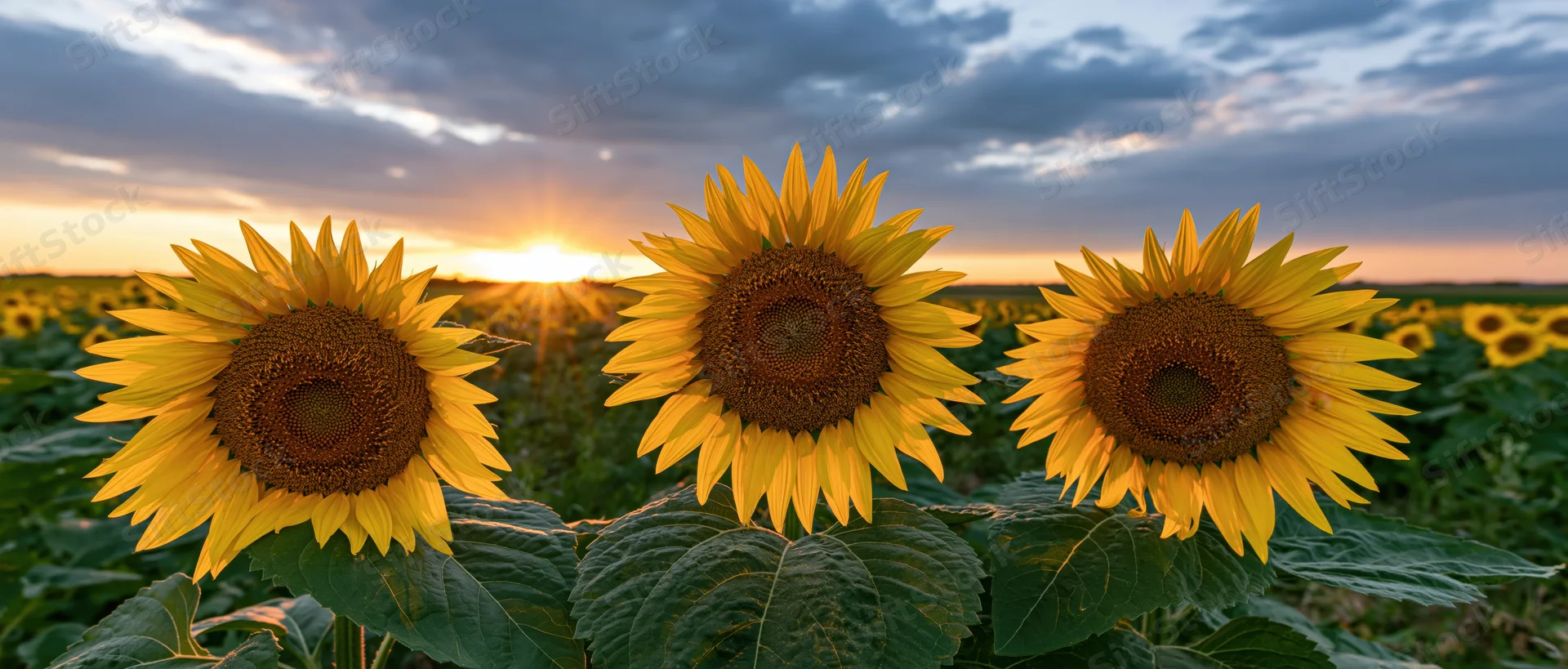 Three sunflowers in bloom facing the setting sun in a vast field