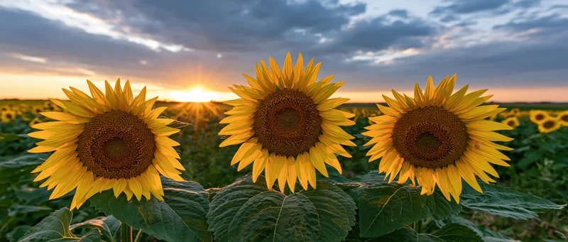 Three sunflowers in bloom facing the setting sun in a vast field