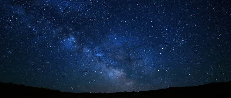 Milky way galaxy stretching across dark night sky above forested horizon