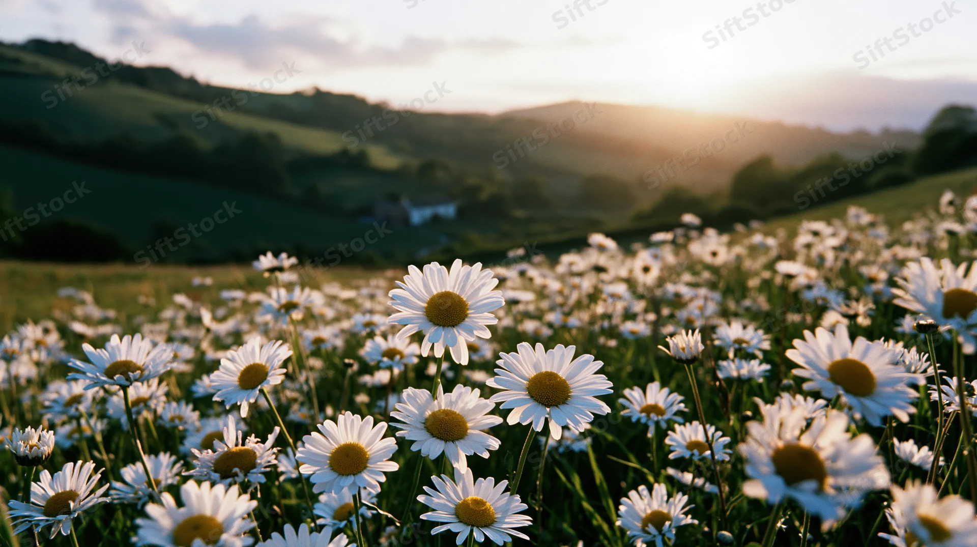 Daisies blooming in a sunlit meadow at sunset with rolling hills in the background