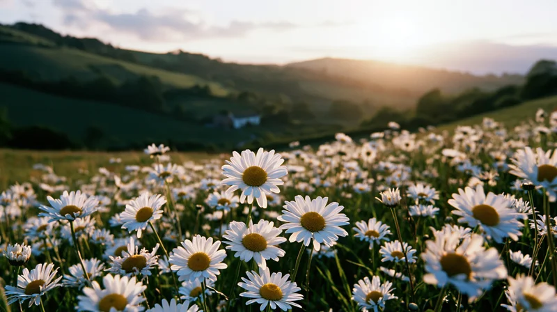 Daisies blooming in a sunlit meadow at sunset with rolling hills in the background