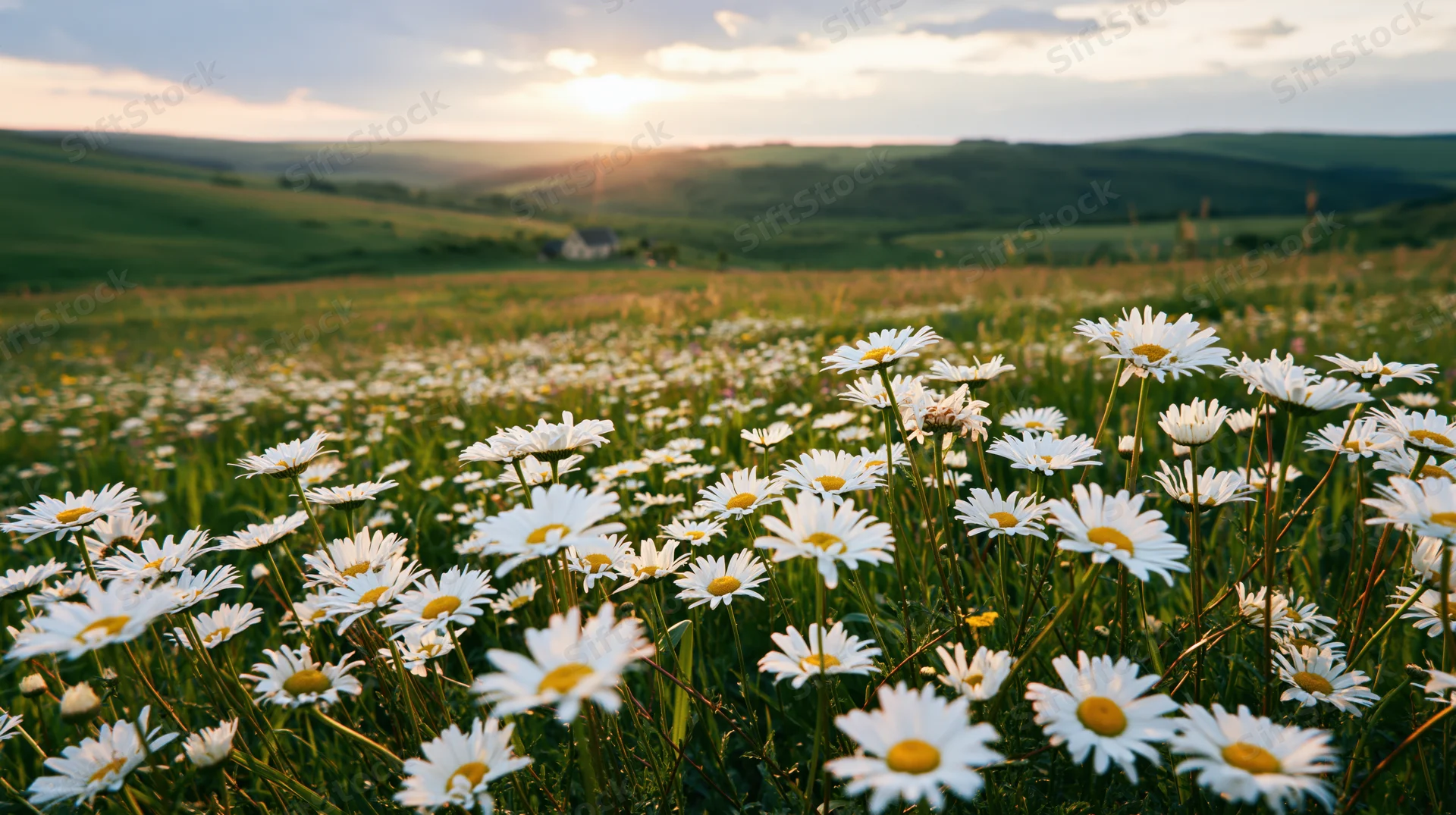 Daisies blooming in a vast green field at sunset with rolling hills in the distance