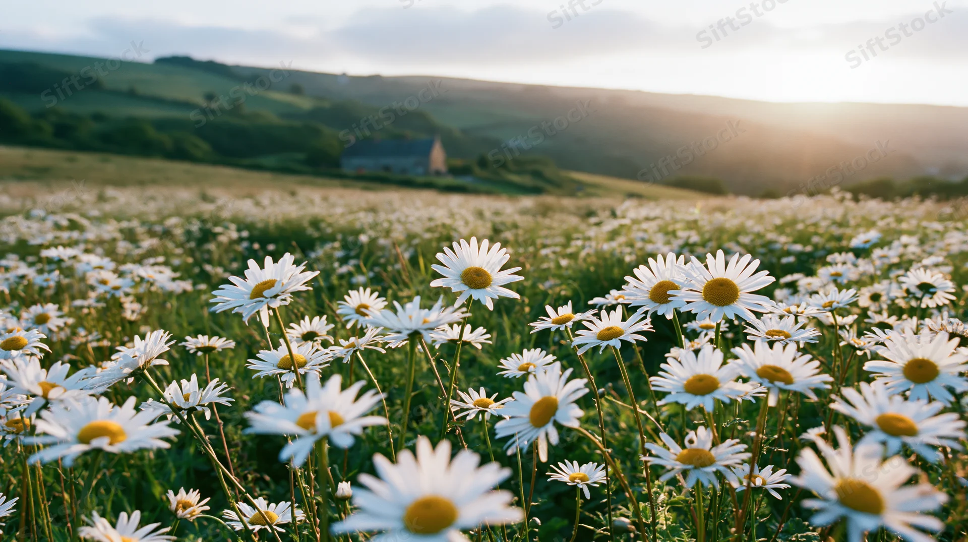 Daisies blooming in a sunlit field with a cottage on a hill in the distance
