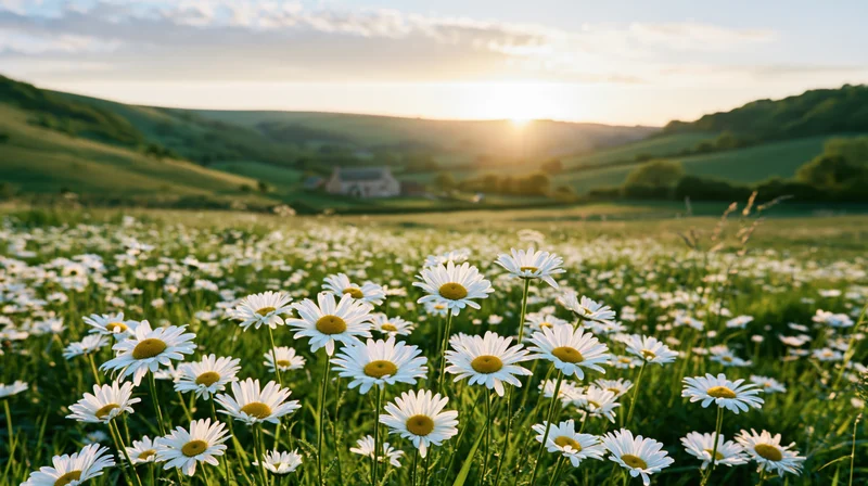 Daisies blooming in a green field at sunrise with rolling hills and a cottage in the distance
