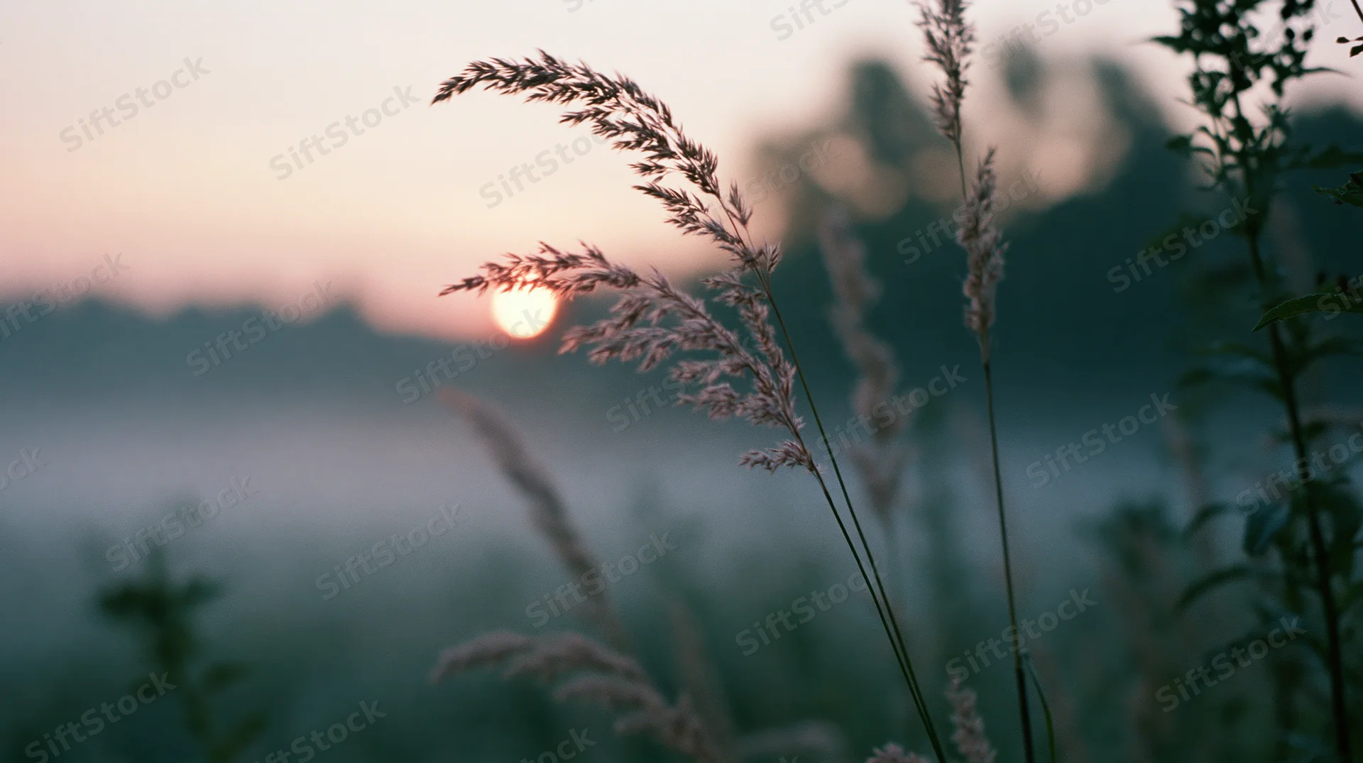 Tall grass swaying in a misty meadow at sunrise