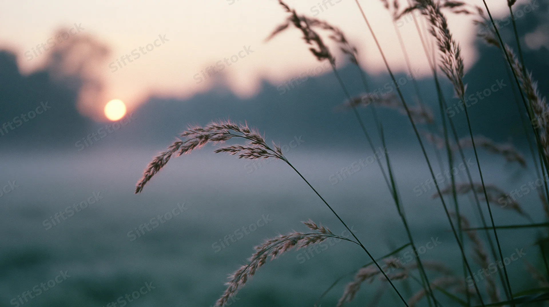 Tall grass swaying in a misty field at sunset