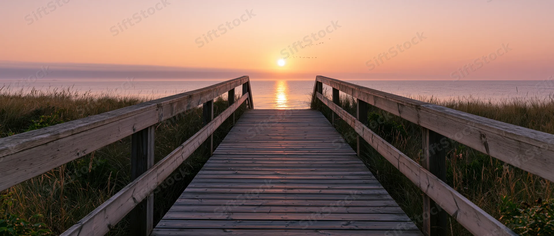 Wooden boardwalk leading to ocean at sunset over dunes