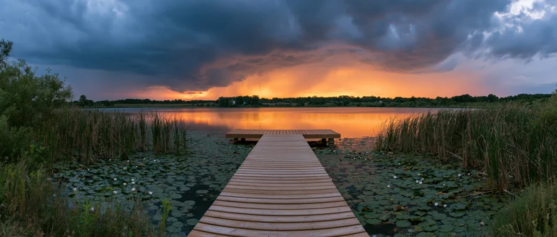 Wooden boardwalk extending over a calm lake at sunset under stormy skies with reeds and lily pads along the edges