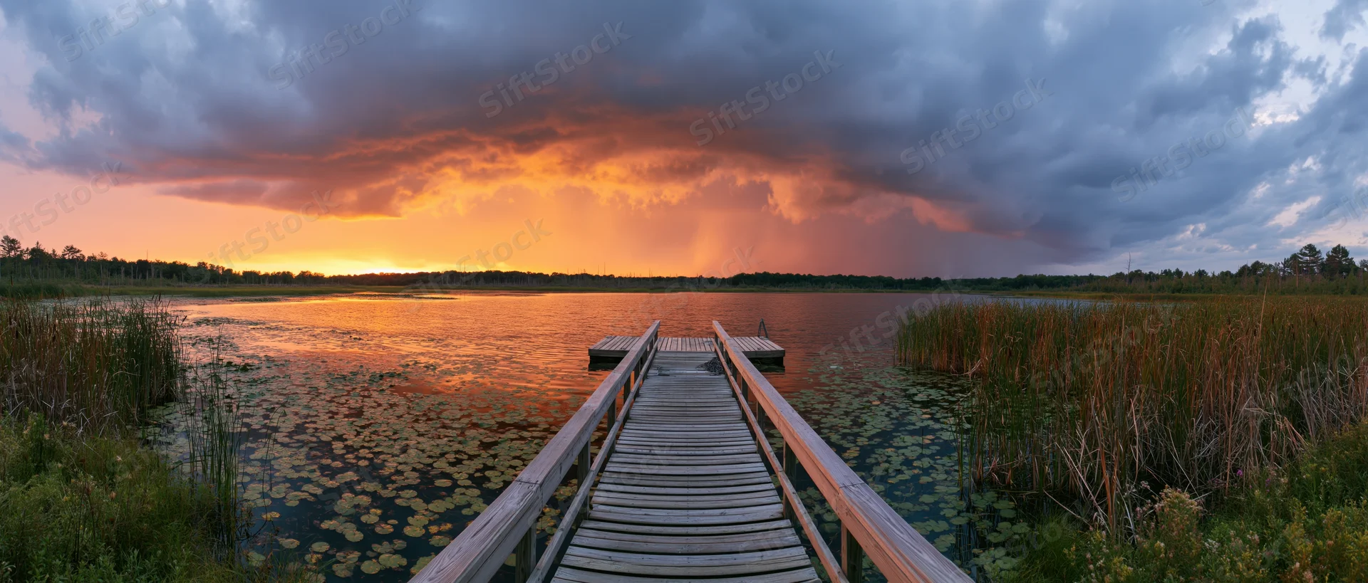 Wooden dock extending over a calm lake at sunset with reeds and lily pads, surrounded by forest under stormy sky