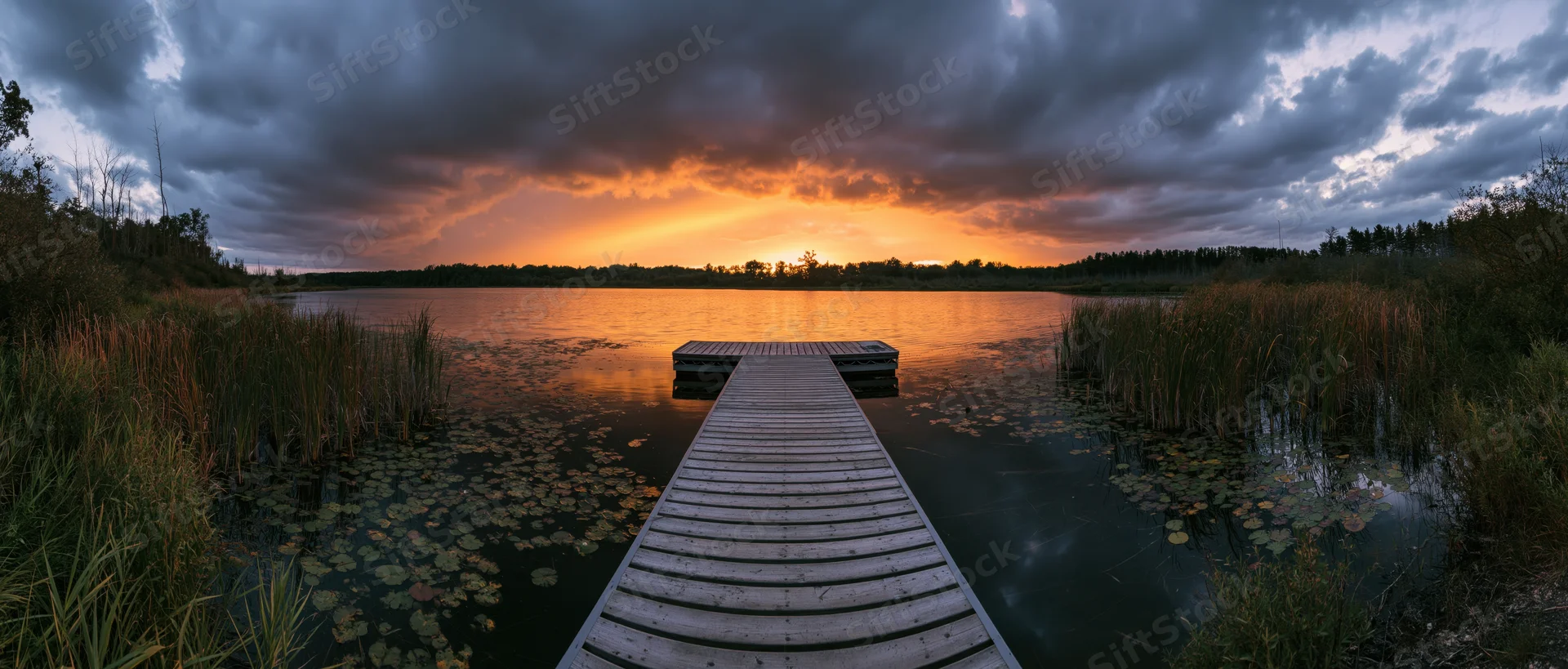 Wooden dock extending over calm lake at sunset surrounded by reeds and lily pads