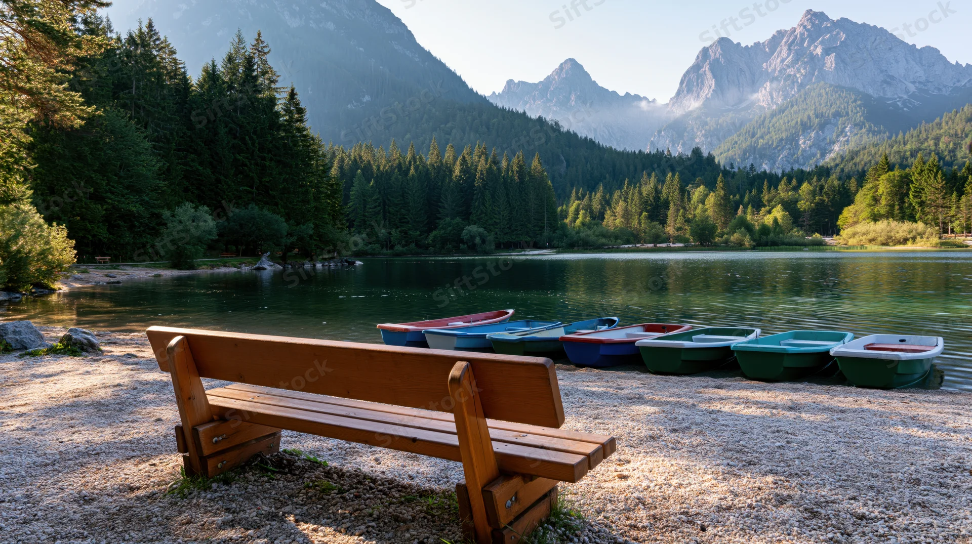 Wooden bench facing calm lake with colorful rowboats and forested mountains in background