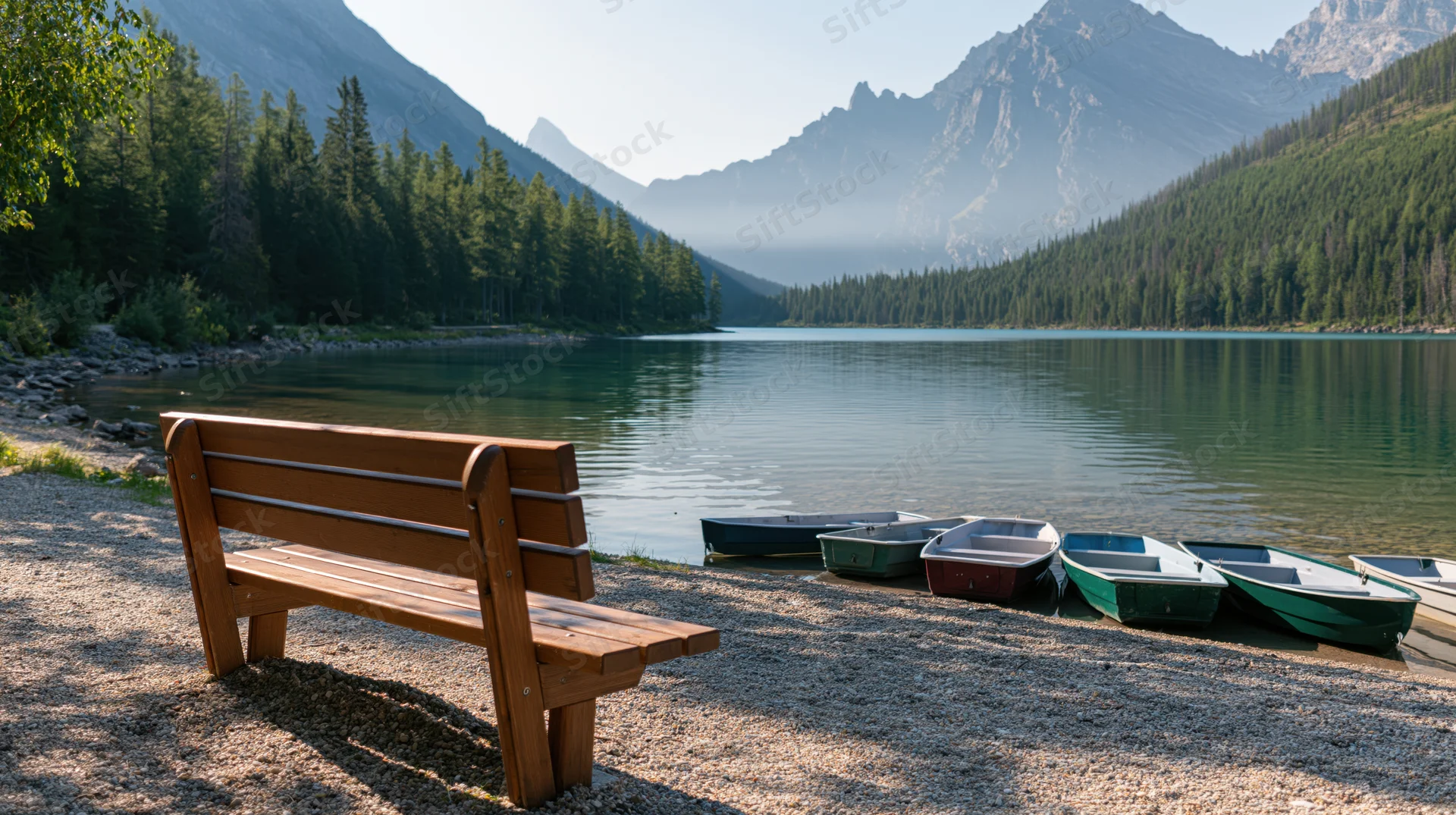 Wooden bench on gravel shore beside calm lake with boats and forested mountains in background