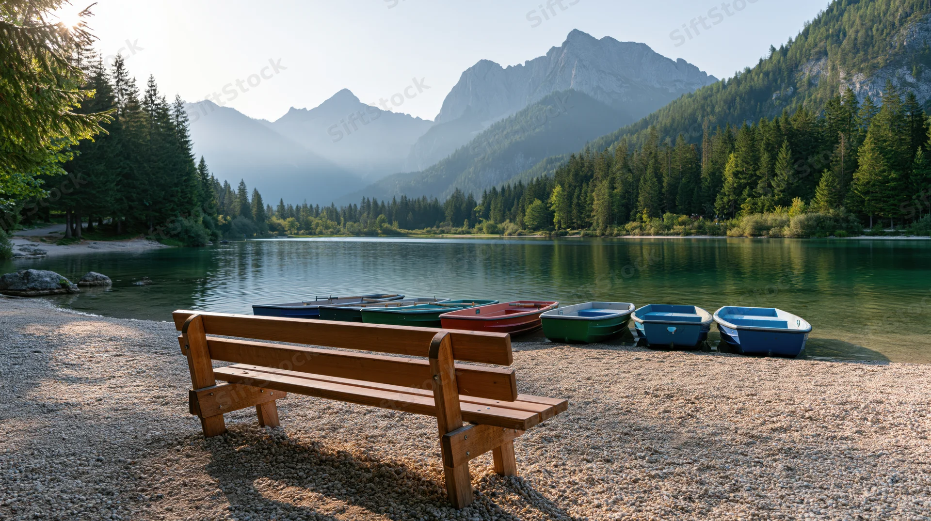 Wooden bench on gravel shore beside calm lake with rowboats and forested mountains in background