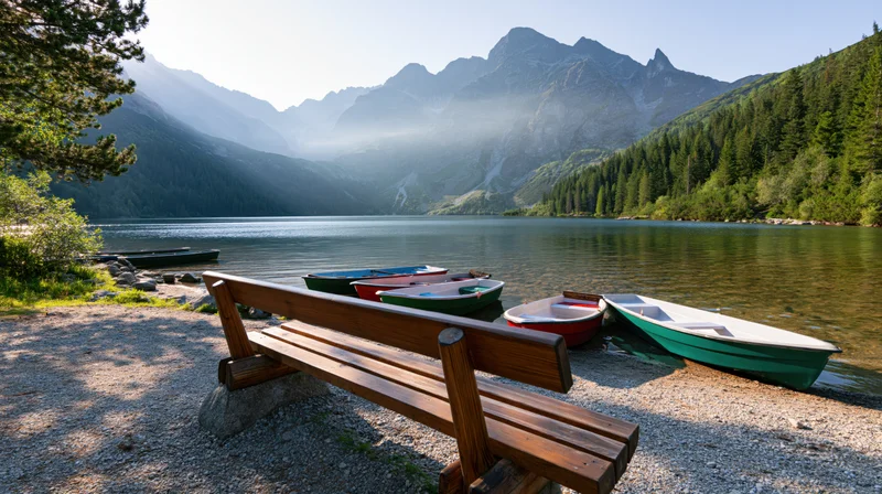 Wooden bench beside colorful rowboats on a gravel shore by a calm mountain lake