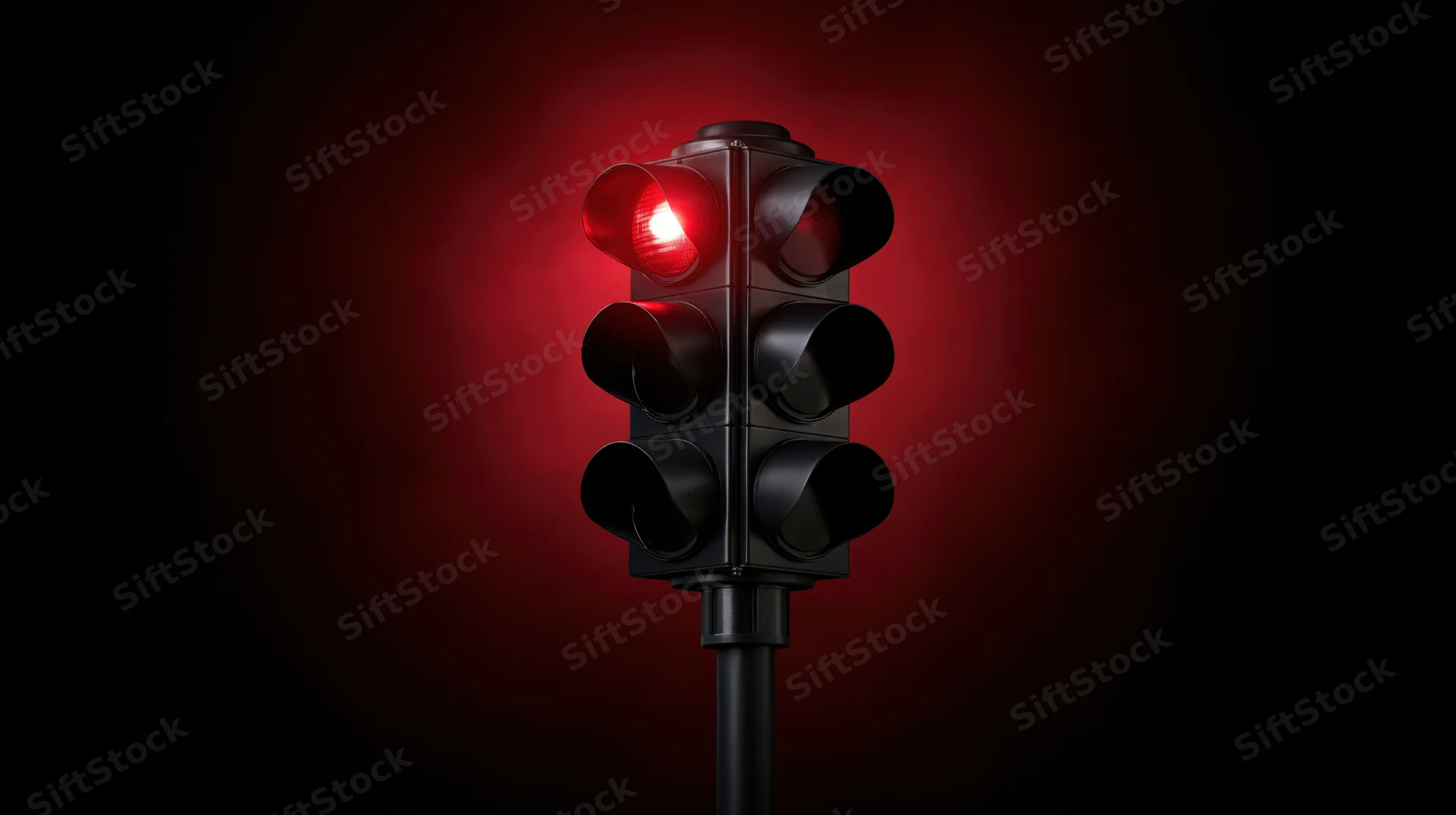 Traffic light with red signal illuminated against dark background