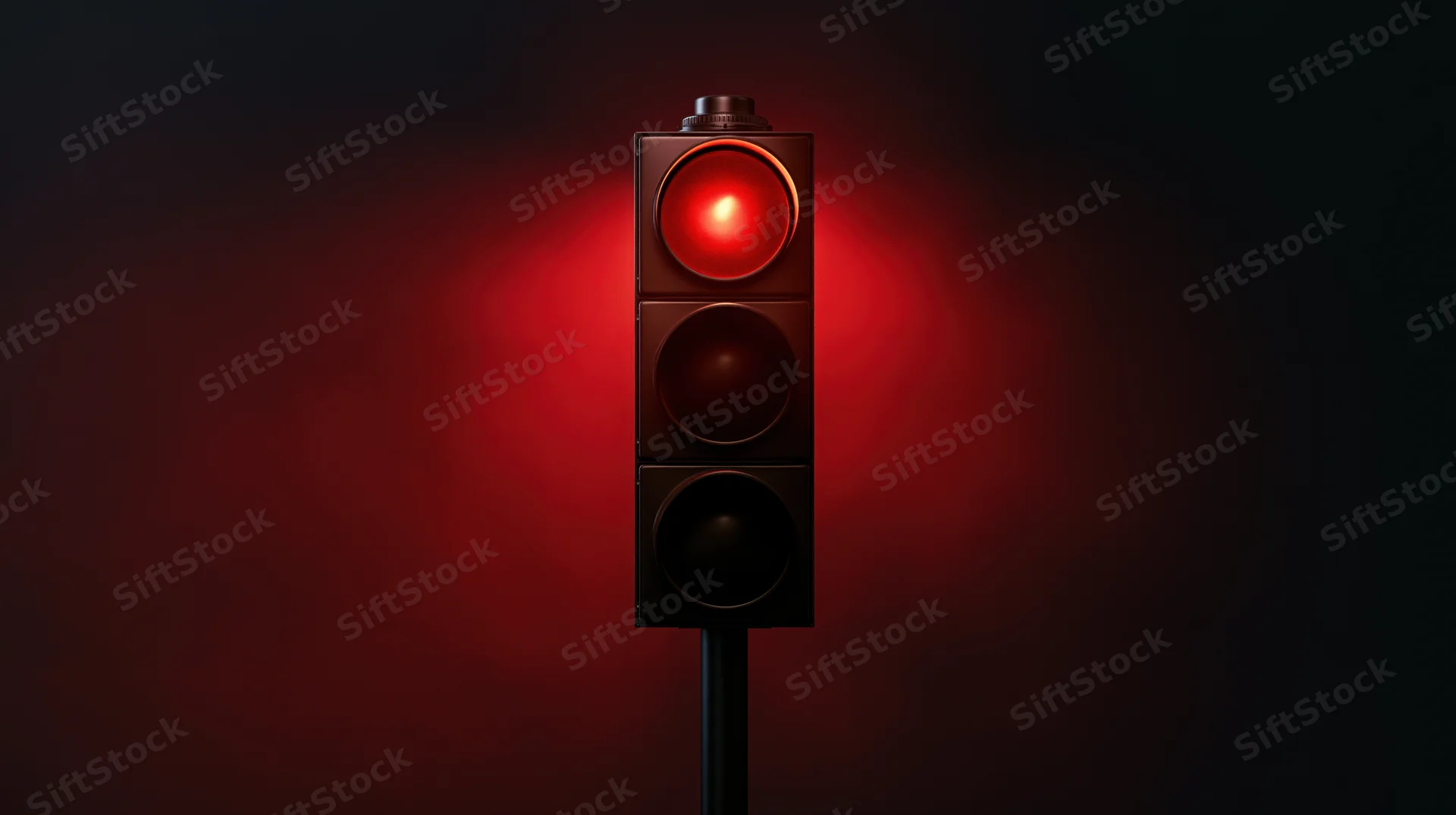 Vertical traffic light with red signal illuminated against dark background