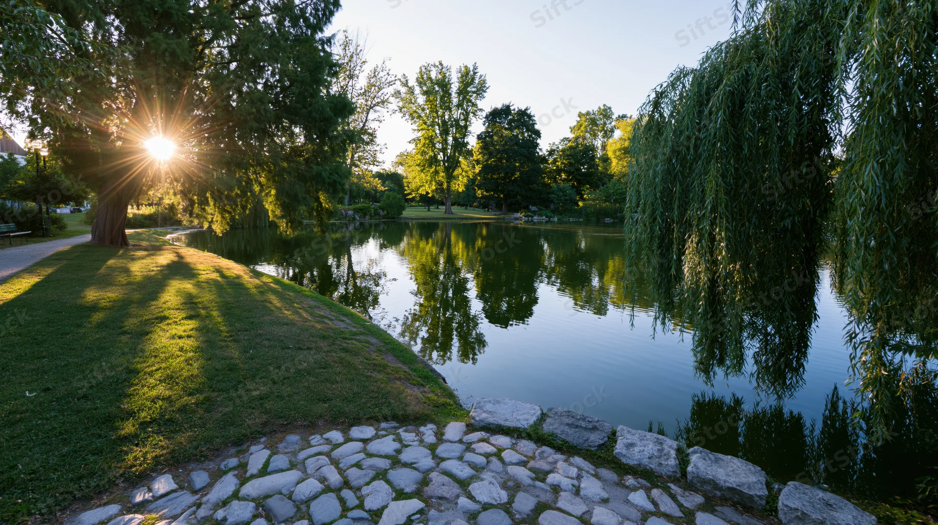 Calm pond reflecting trees and sunlight in a park with a stone path along the grassy bank