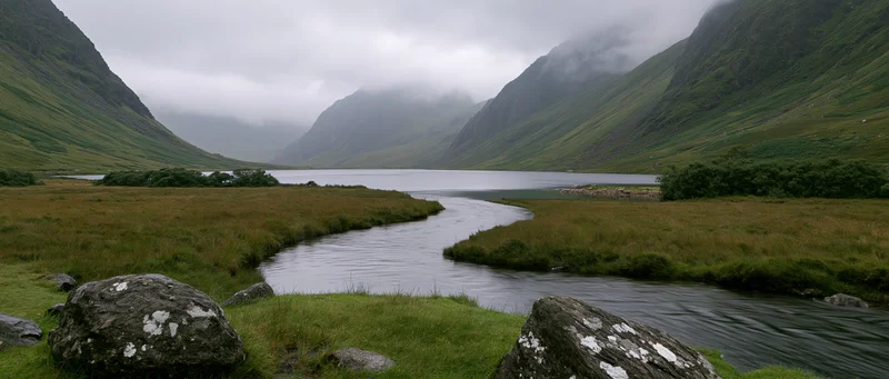 Winding river flowing through a grassy valley surrounded by misty mountains and loch in scotland