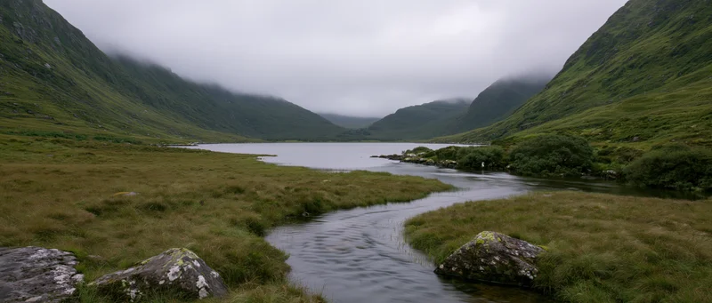 River flowing through a grassy valley with mountains and mist under an overcast sky