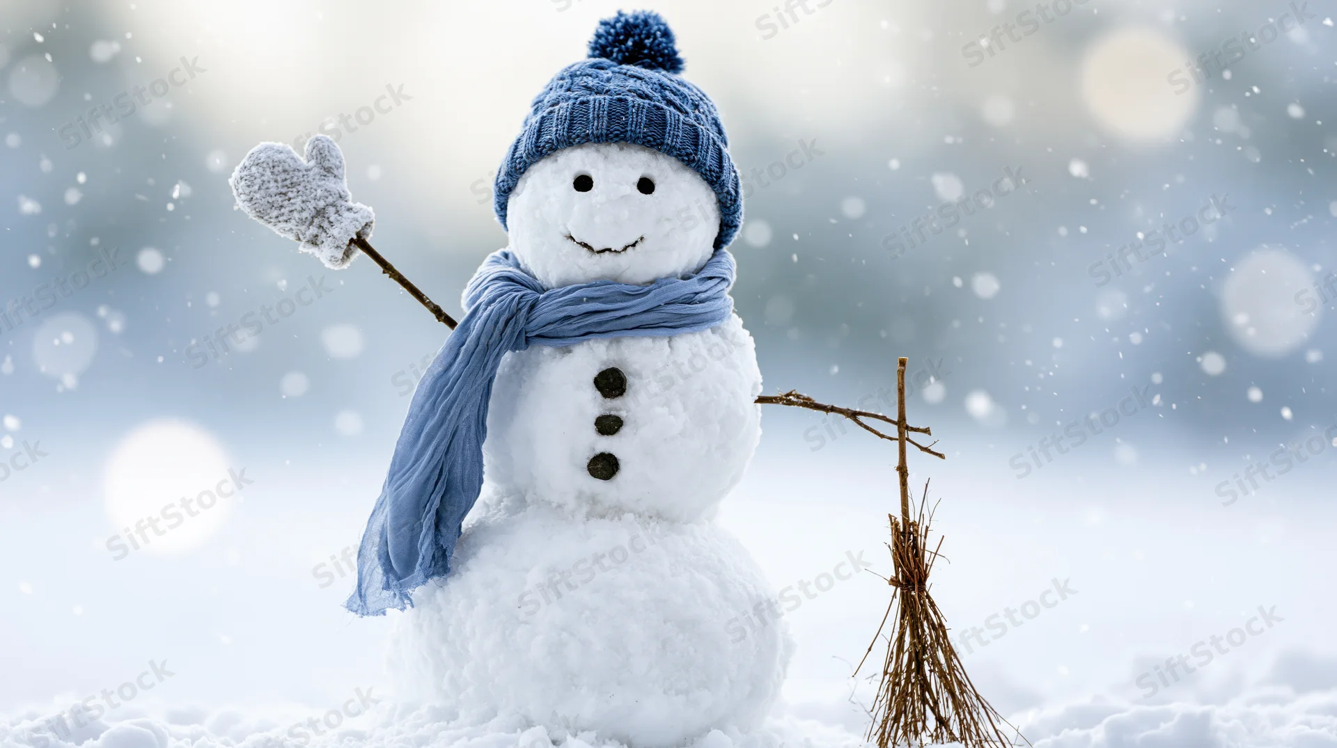 Snowman wearing blue hat and scarf, smiling with stick arms in snowy landscape