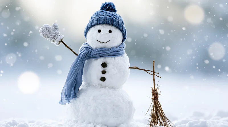 Snowman wearing blue hat and scarf, smiling with stick arms in snowy landscape