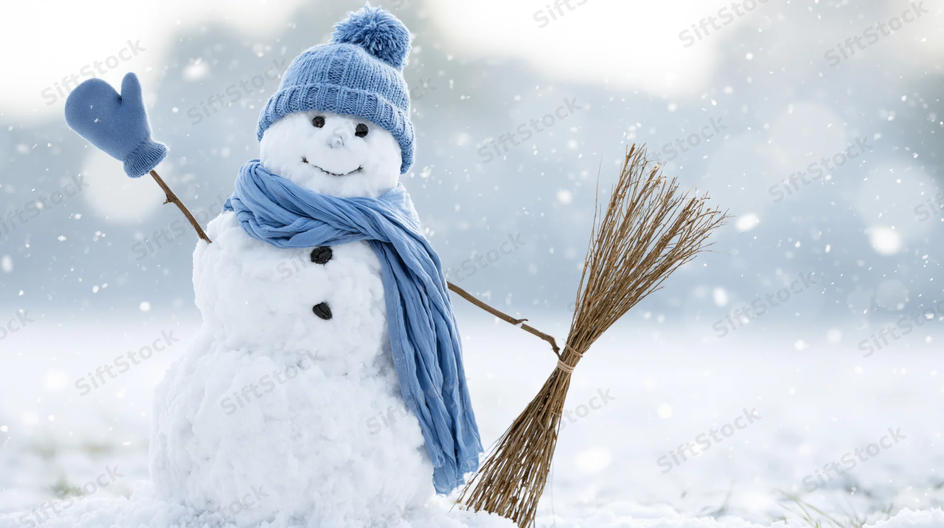 Smiling snowman wearing blue knit hat and scarf, holding broom, standing in snowy field during snowfall
