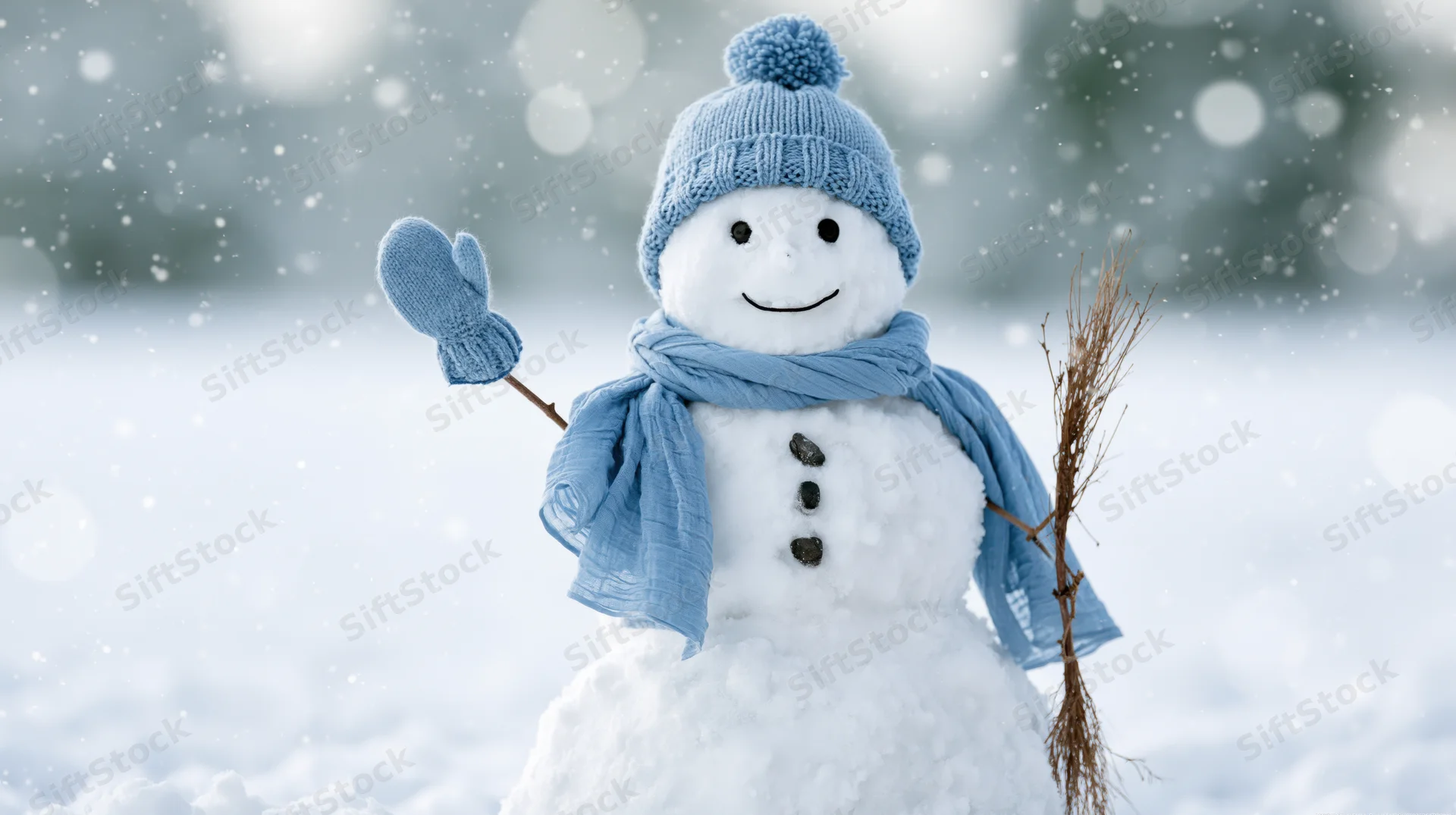 Smiling snowman wearing blue hat and scarf waving in snowy winter landscape