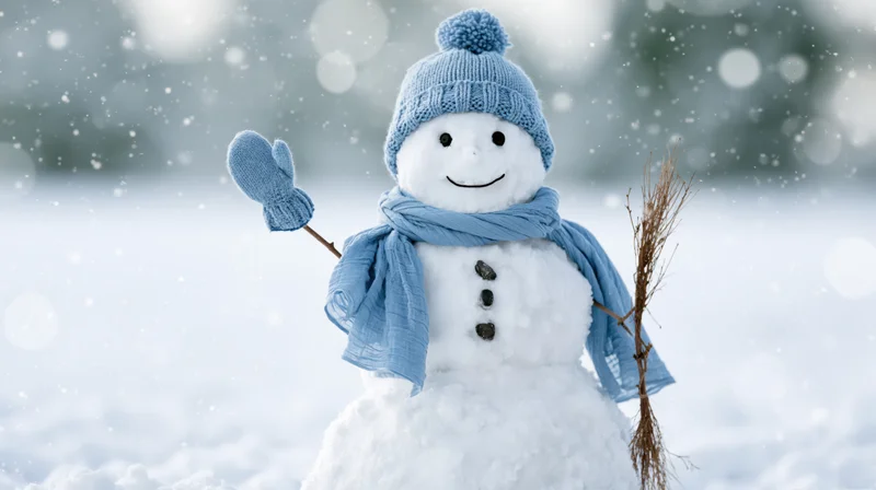 Smiling snowman wearing blue hat and scarf waving in snowy winter landscape