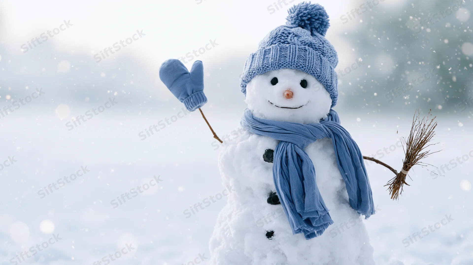 Smiling snowman wearing blue hat and scarf waving in snowy winter scene