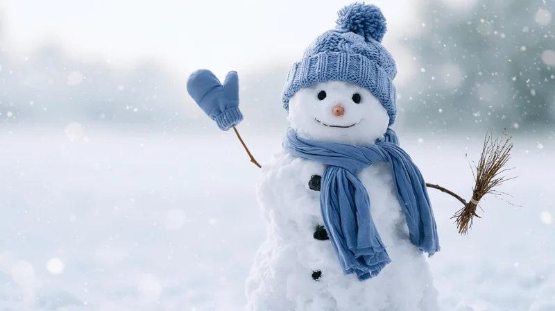 Smiling snowman wearing blue hat and scarf waving in snowy winter scene