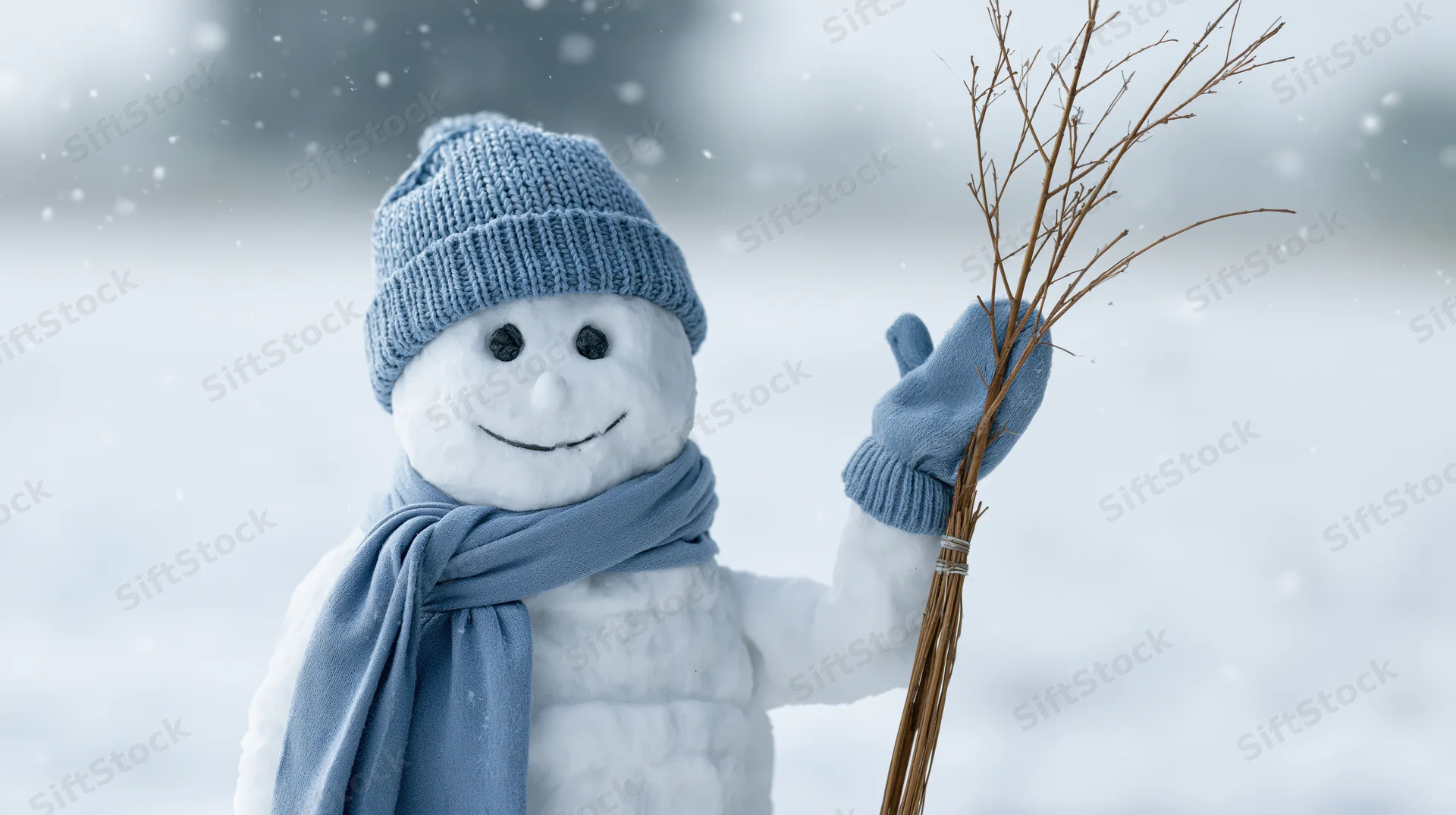 Smiling snowman wearing blue hat and scarf holding branch in snowy winter landscape
