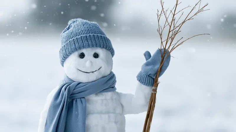 Smiling snowman wearing blue hat and scarf holding branch in snowy winter landscape