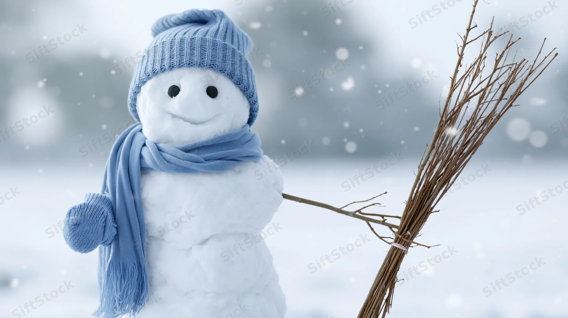 Smiling snowman wearing blue knit hat and scarf holding twig broom in snowy winter landscape