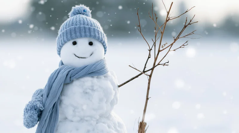Smiling snowman wearing blue knitted hat and scarf holding a branch in snowy winter landscape