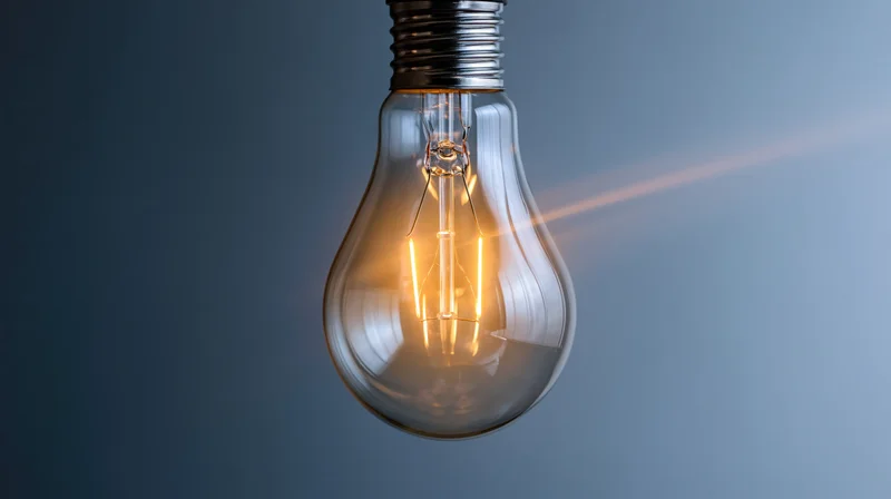 Glowing incandescent lightbulb with visible filament suspended against a gradient blue background