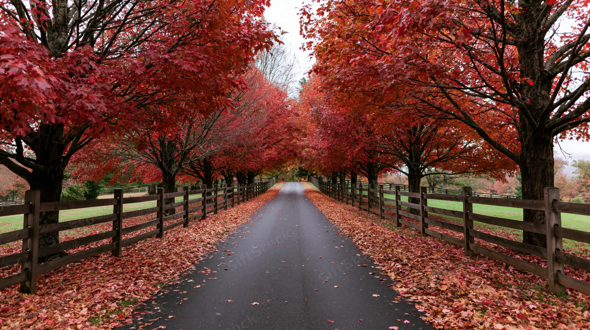 Tree-lined road covered in red autumn leaves flanked by wooden fences in rural countryside