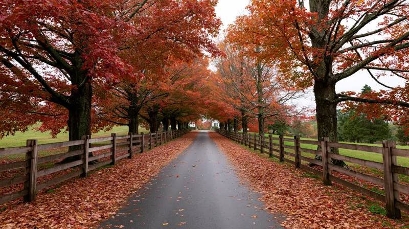 Autumn road lined with red-leafed trees and wooden fences leading through rural countryside