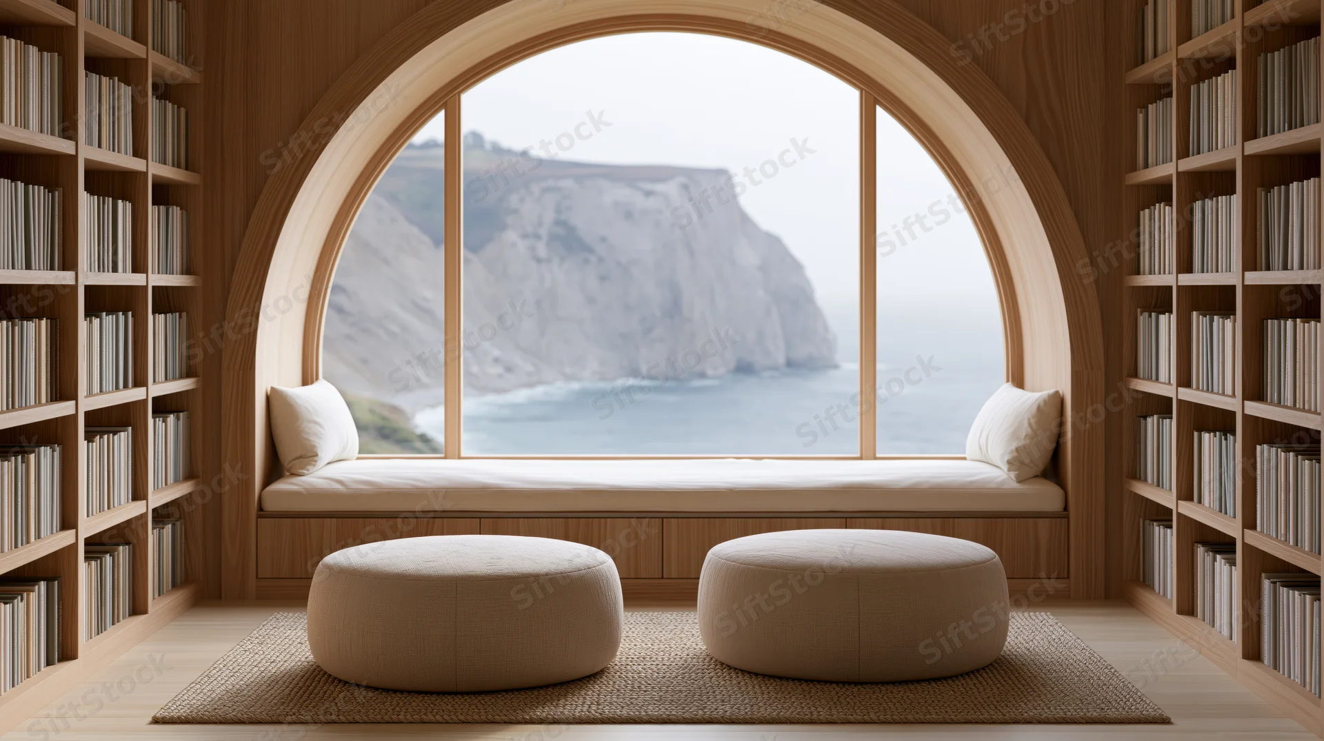 Wooden reading nook with window seat overlooking ocean cliffs, flanked by bookshelves and furnished with cushions and ottomans