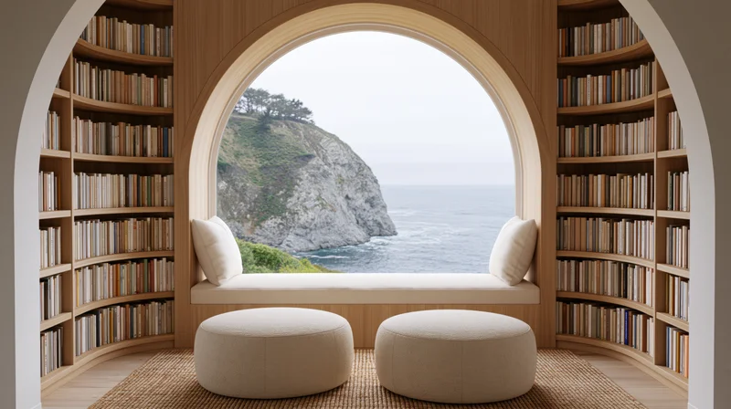 Arched window with ocean view framed by curved bookshelves and seating nook in a cozy reading room