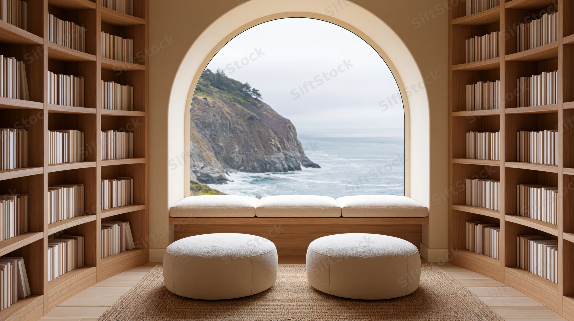 Reading nook with bookshelves and arched window overlooking ocean cliff, featuring cushioned bench and ottomans on woven rug