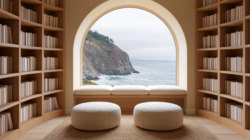 Reading nook with bookshelves and arched window overlooking ocean cliff, featuring cushioned bench and ottomans on woven rug