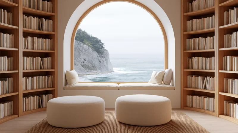 Reading nook with bookshelves and arched window overlooking ocean cliff