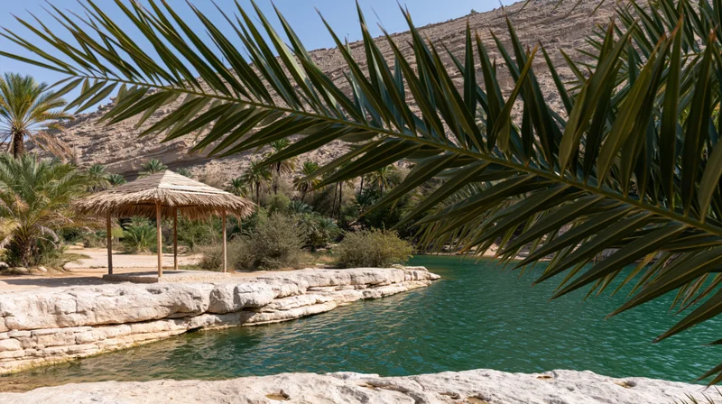 Palm fronds framing a tranquil oasis pool beside a thatched hut in a desert landscape with rocky mountains in the background