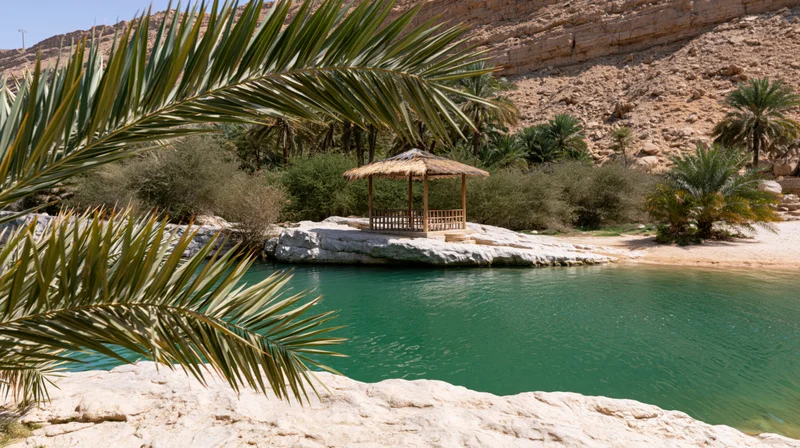 A thatched hut by a green pool in a desert oasis surrounded by palm trees and rocky cliffs